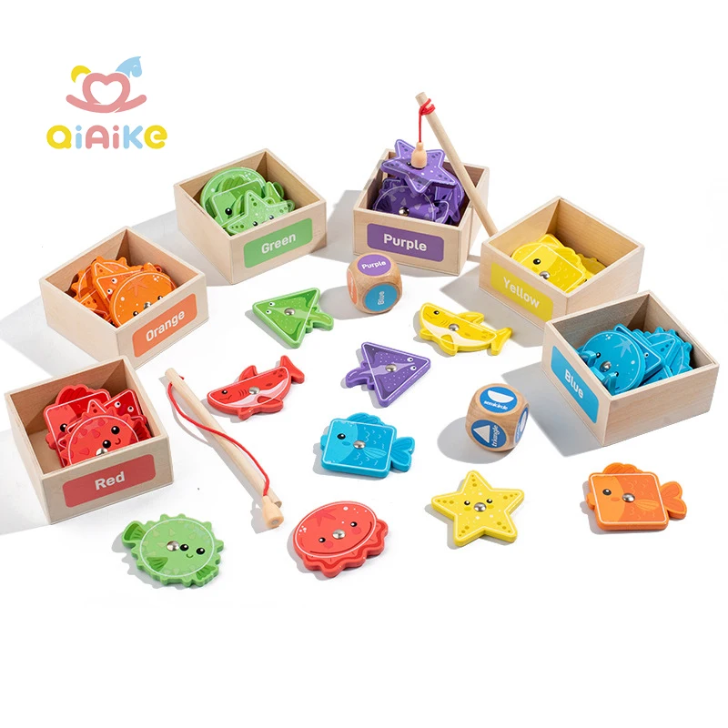 幼児用おもちゃ 木製フィッシングゲーム 子供向けモンテッソーリ形と色の分類 細かい手先運動スキル育成アクティビティ 学習用教育玩具