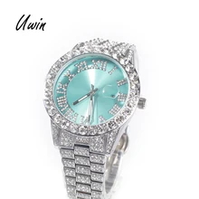Hot Sale Luxury Baby Blue White Gold Color Watch Blue Red Pink Multi-Color Bezel Setting Watch Women Men Bling Bling Watch