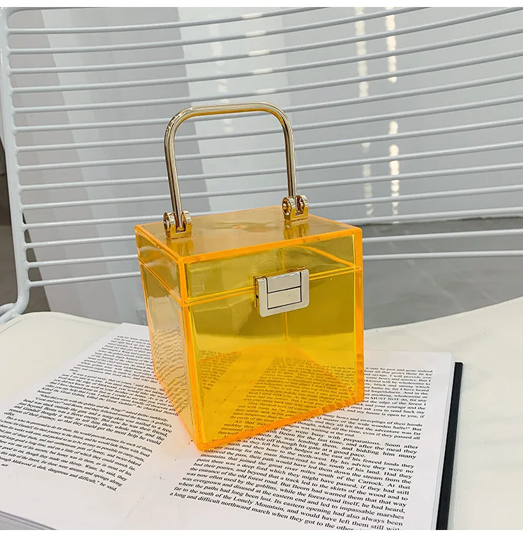 Clear Acrylic Hand Bags For Women Metal Handle Lock Square Box Jelly  Handbag Small Make up Bag Summer Ladies Transparent Purses