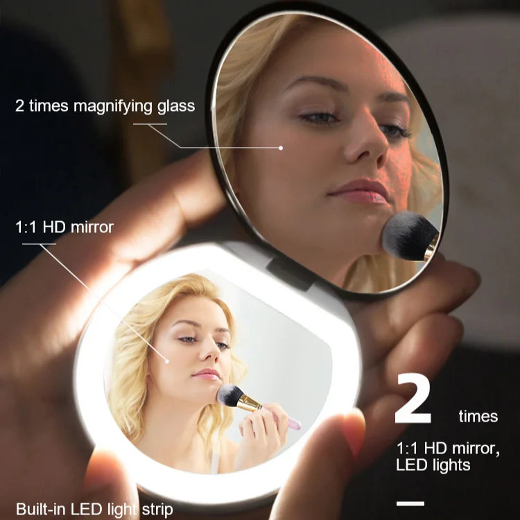Cute Touch Mini Round Compact Light Mirror Beauty Vanity Cosmetic Double Side Pocket Travel Led Makeup Mirror With Lights