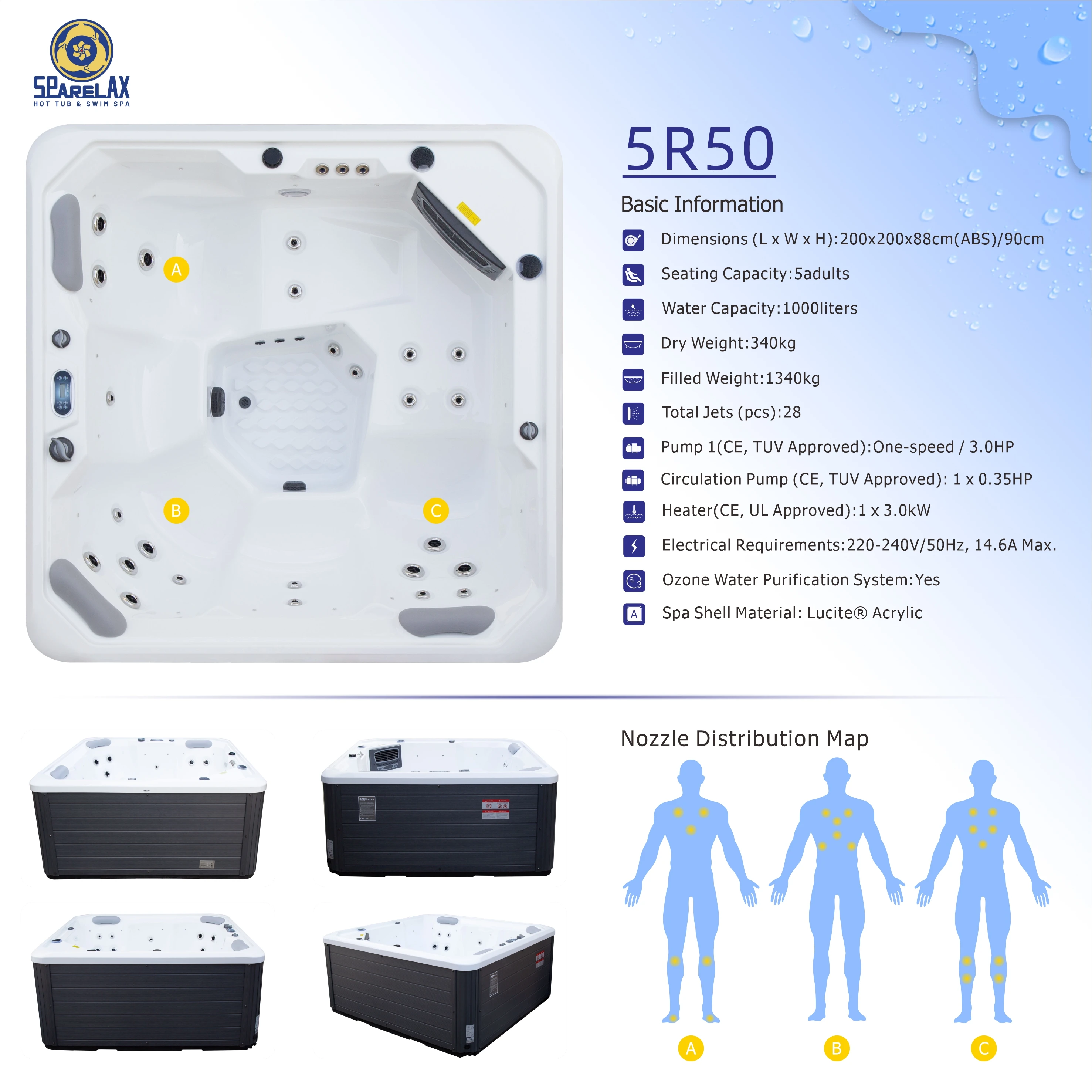 China Factory 5 Person Freestanding Outdoor Acrylic Whirlpool Spa Hot Tub 2m Length Air Massage Eco-Friendly