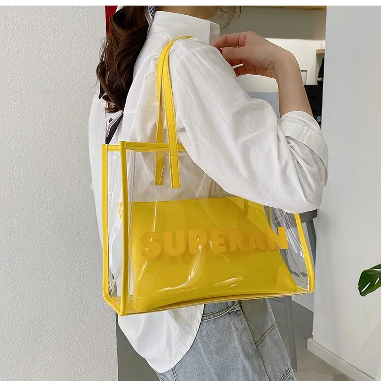 2021wholesale Plain Clear Pvc Tote Bag With Green Yellow Pu Custom Logo ...