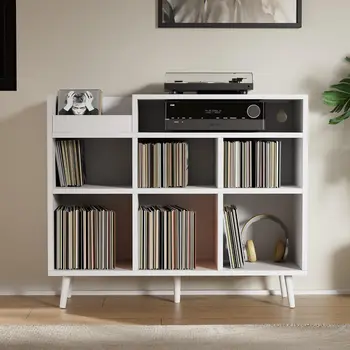 Record player stand with record storage space, record player table, album storage cabinet with living room power outlet