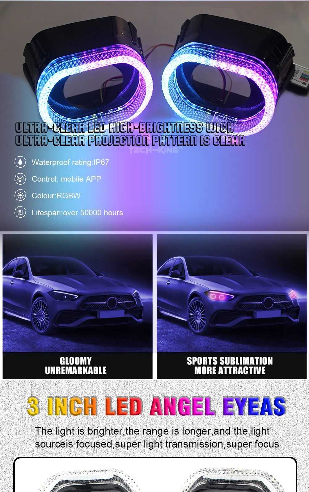 Car Headlight upgrade retrofit accessories 3 "Angel eyes with decorative cover for projector lens APP RGBW daylight with shroud