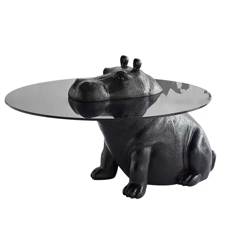 Modern Animal Coffee Table Round Statue Black Hippo Giant Rhino Sculpture Home Apartment Glass Coffee Table for Decor