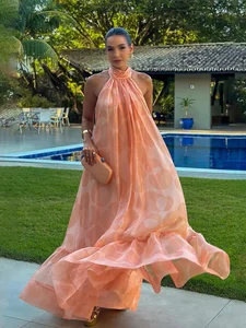 French-Style Floral Print Resort-Inspired 2026 Autumn New Style Backless Halter Neck Sleeveless Full Skirt Ruffle Dress