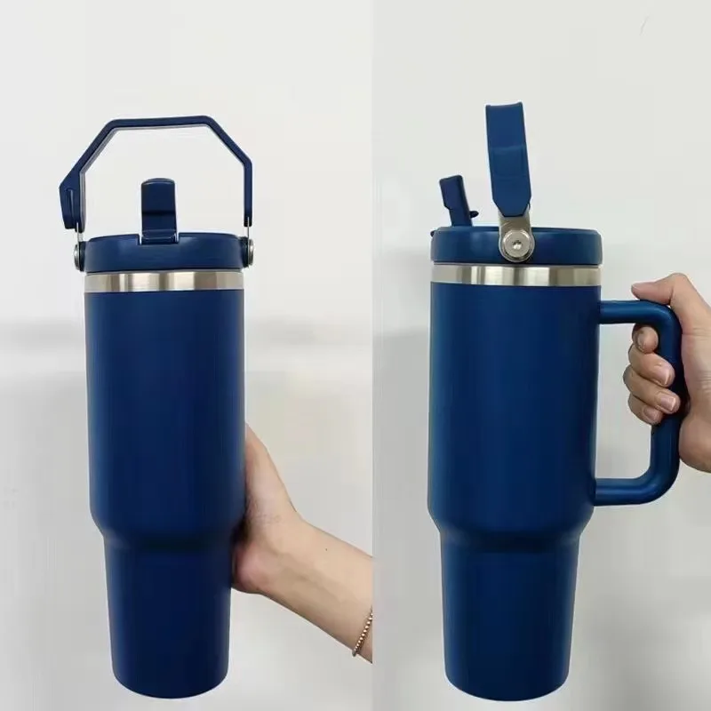 1pc 40oz Handle Drinking Tumbler With Straw And Lid Stainless Steel Vacuum  Insulated Double Wall Water Bottle