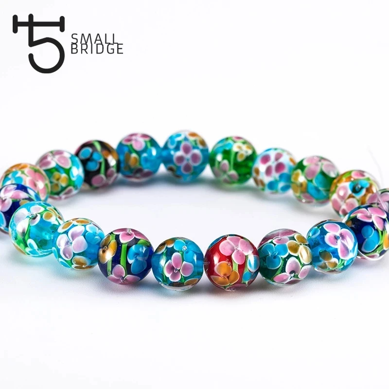 Wholesale 12mm Murano Handmade Lampwork Glass Beads Women's Jewelry Making Diy Beads Flower Transparent Round Beads supplier