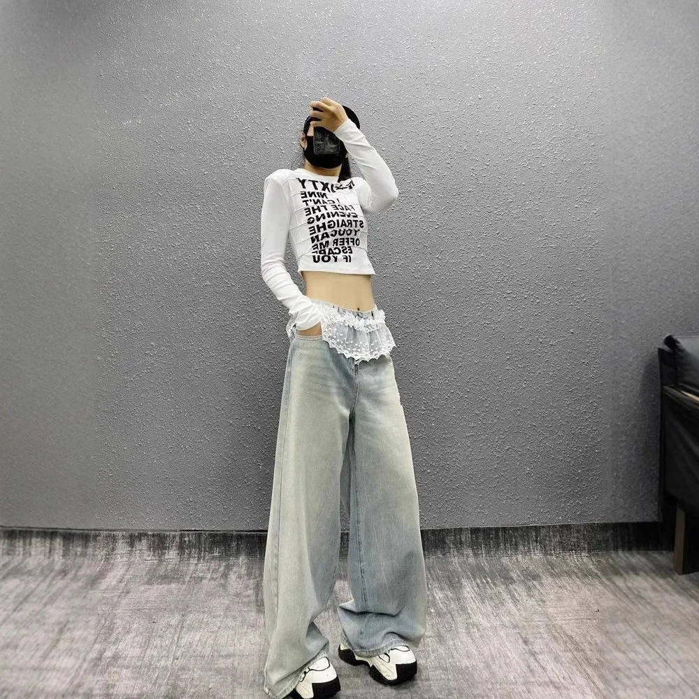 Sommer-Neuheit KAKAMEE: Hochtaillige, gewaschene Jeans aus Denim mit weitem Bein und Spitzenbesatz am Saum, schnell trocknend aus Polyester/Baumwolle für Frauen
