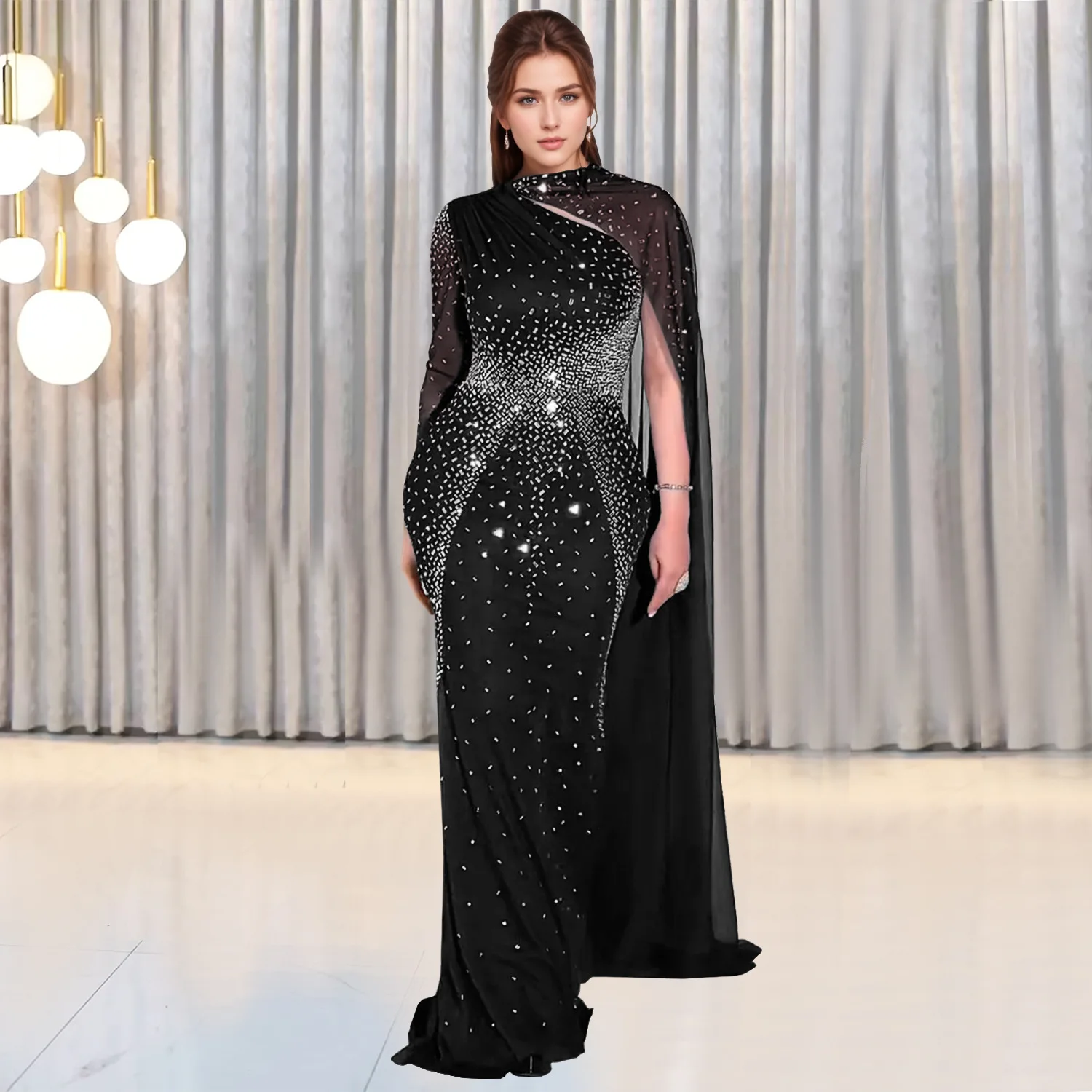 Round Neck Long Black Evening Dresses for Fat Ladies Beaded Black Evening Dress Plus Size Tall Women Evening Dress Round Neck Long Black Evening Dresses for Fat Ladies Beaded Black Evening Dress Plus Size Tall Women Evening Dress