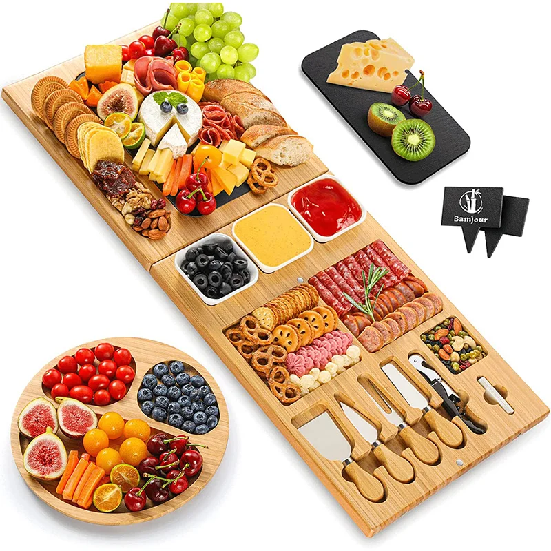 Wholesale Eco-Friendly Bamboo Extra Large Cheese Cutting Board Knife Set Charcuterie Board Slate Serving Plate for Meat Cheese