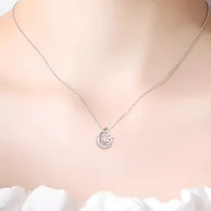 Trendy Women's Gold Plated 925 Sterling Silver Zircon Moon and Star Pendant Necklace for Wedding Gift