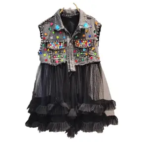 Customized Heavy Beading Denim Jacket Splicing Mesh Vest Retro Cardigan Jacket for Kids