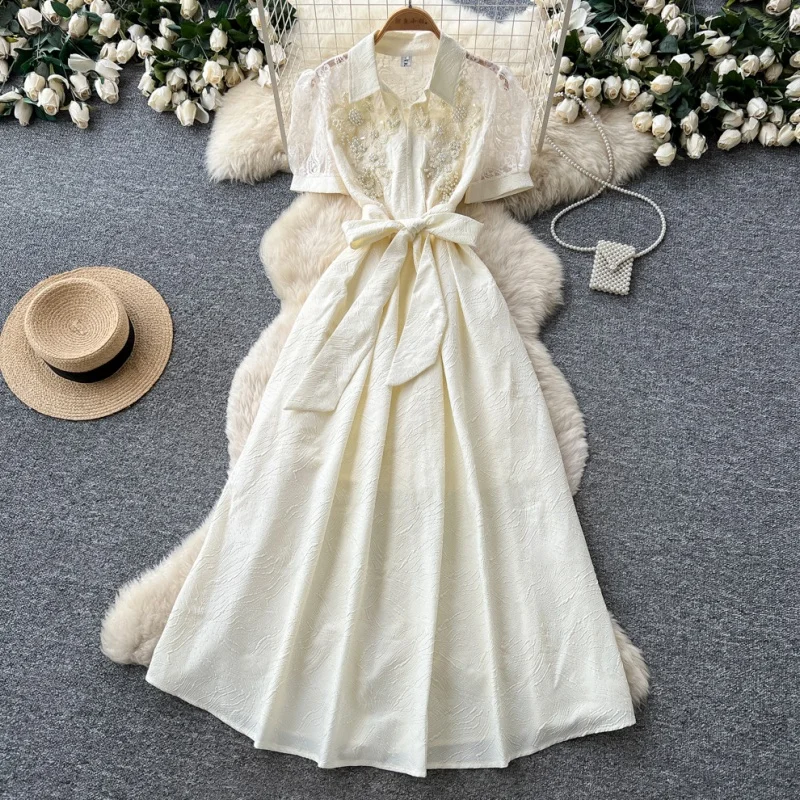 Dresses Women Lady Elegant 2026 Korean Office Lace Dress Tie-waist A-line Women's Elegant Slim Chic Fashion Women Clothes