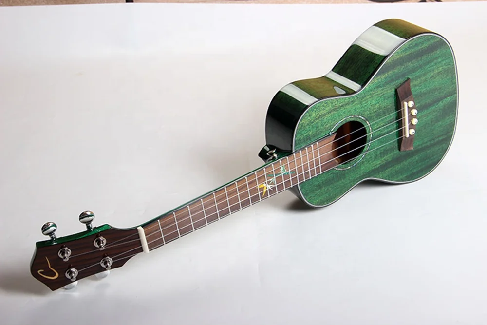China Guitar Factory Custom Musical Instruments Concert 23 Inch Mahogany Body Green Ukulele High Gloss With Colorful Stone Inlay
