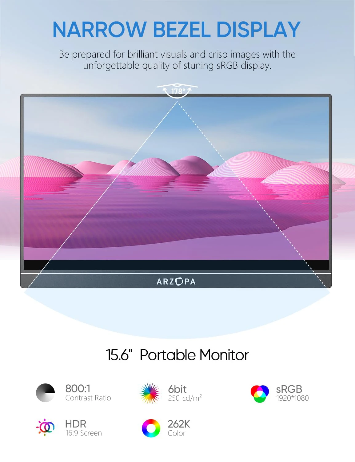 Arzopa 15.6 Inch FHD LCD Monitors - IPS, HDR, and Built-in Speakers