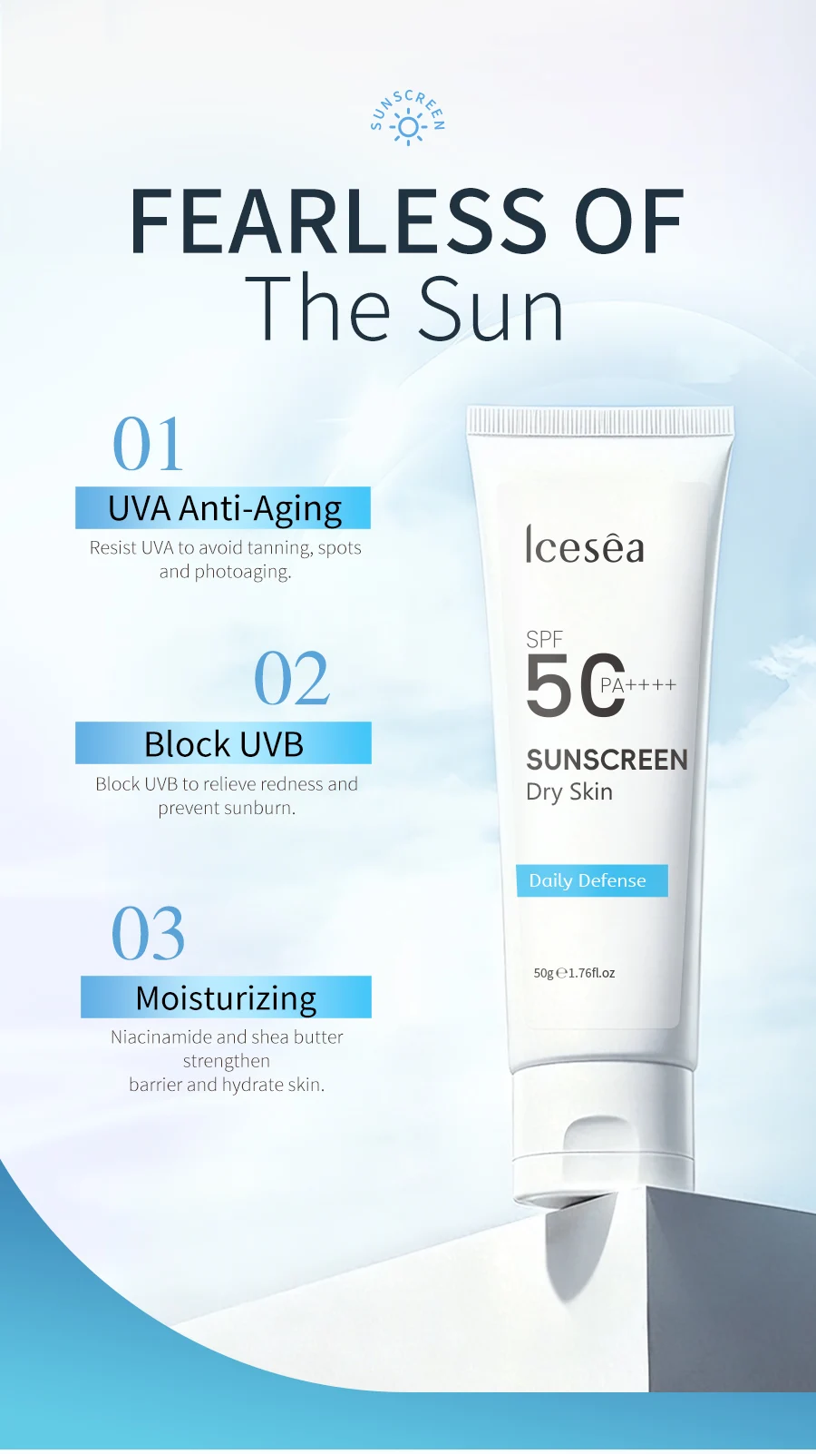 Private Label SPF50 PA++++ Sunscreen 50g Daily Defense For Dry Skin OEM(pic3)