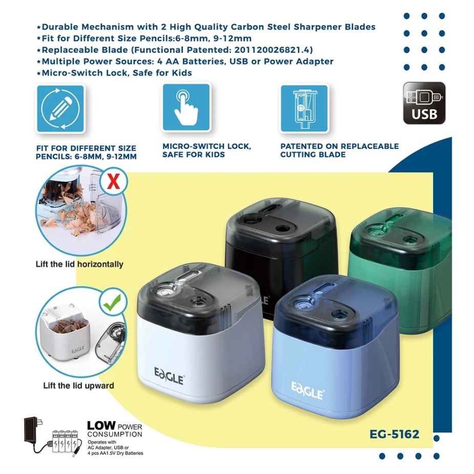 Eagle EG-5162 Cylindrical Cute Plastic Metal Student Fancy Desktop Electronic CE Certified Battery Operated Pencil Sharpener