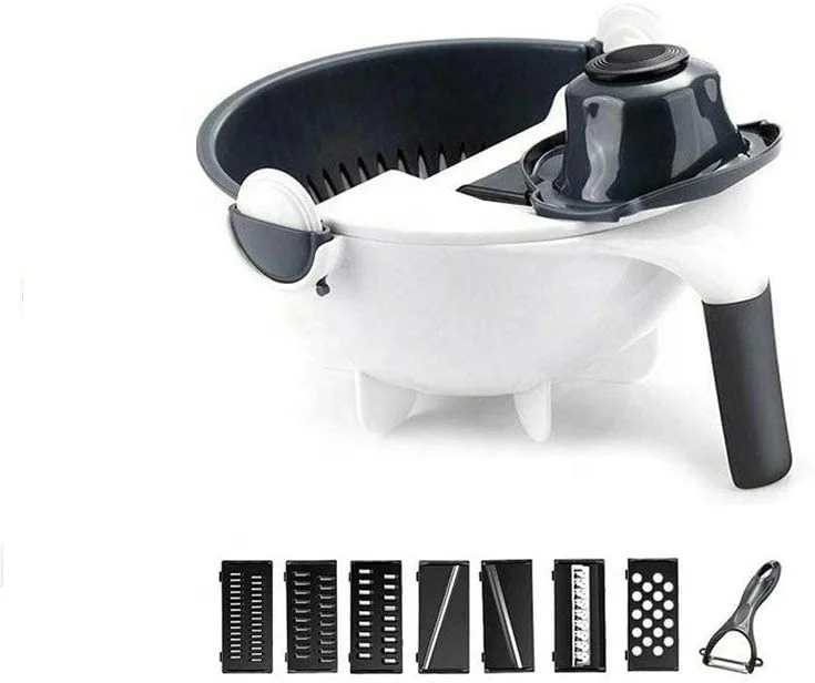 Factory Wholesale 9 in 1 Manual Rotate Veggie Slicer Grater Multifunctional Vegetable Chopper Cutter with Drain Basket