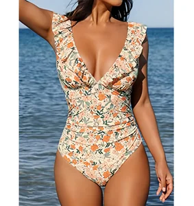 2026 Swimsuit Factory Custom One Piece Swimsuit High Waist  Ruffled Floral Print Swimwear for Women 2026