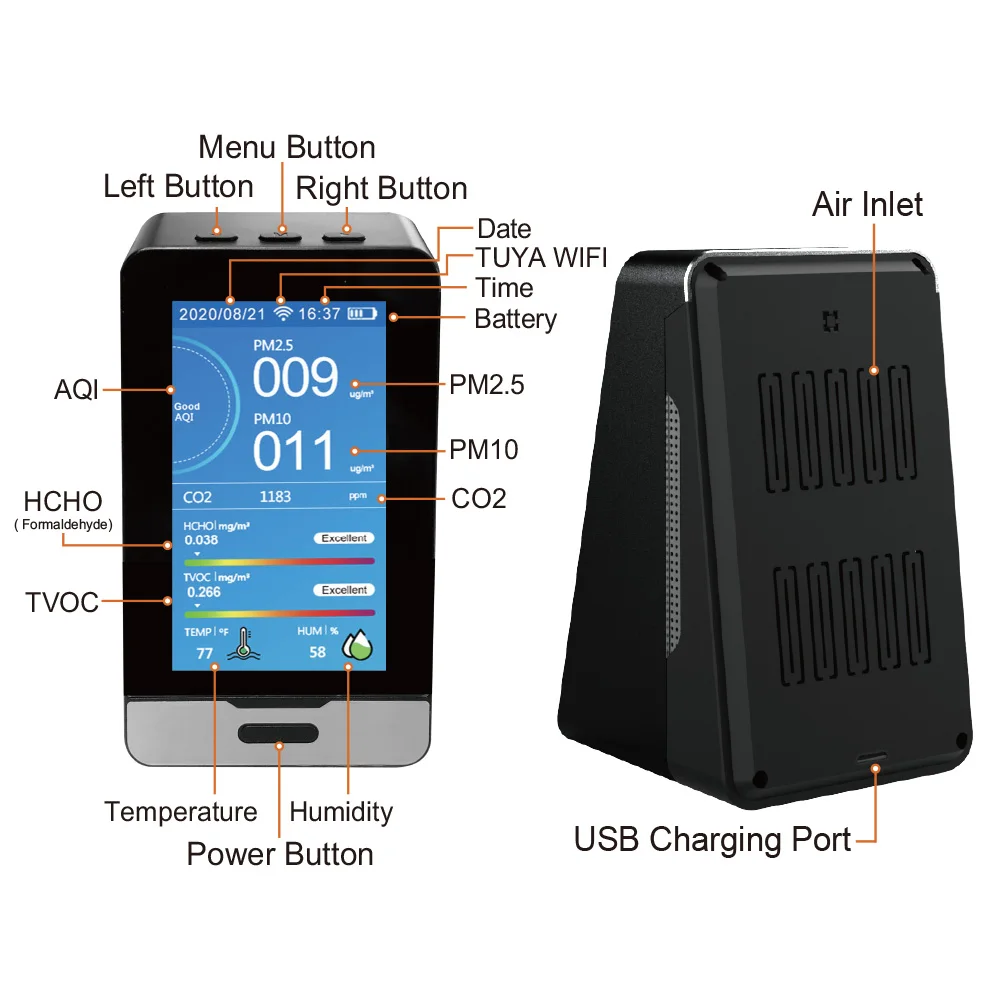 Moniteur Qualité De L'Air 10 En 1 WiFi - Détecteur CO2, PM2.5, TVOC, HCHO, Température Et Humidité - Avec Application
