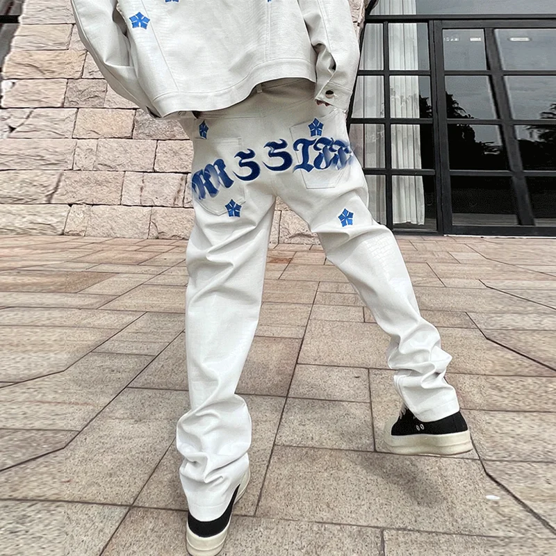 Salati Custom Embroidery Logo Screen Print Zip up Leather Jackets Stacked Flared Sweatpants Jogger Set Hip Hop Tracksuit for Men gallery 4