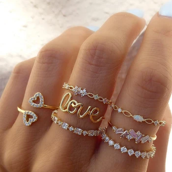 Fashion open rings multiple styles star moon hip pop Rhinestone Heart Ring Set For Women Jewelry