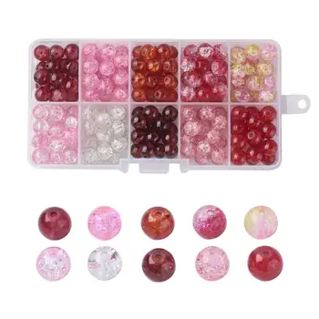 PandaHall 10 Colors Boxes 8mm Red Round Spray Painted Crackle Glass Beads