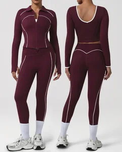 Wholesale Plus Size Women Jacket Fitness Sportswear Round Neck Long Sleeve Top Knot V-Waist Leggings Pilates Yoga Clothing Set