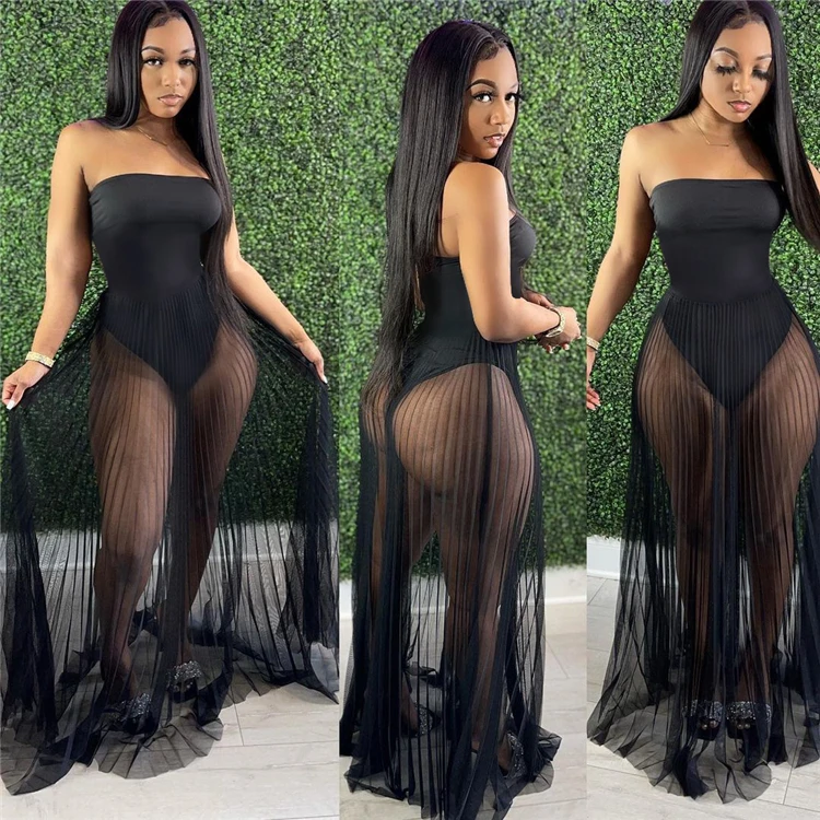 MISS Women Clothes 2022 Strapless Bodycon Bodysuit Mesh Spliced Sexy Summer Solid Color Women Maxi Long Dresses