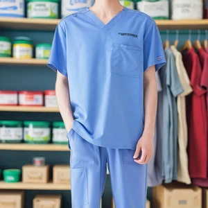 Men's Fashionable Short Sleeve Hospital Uniform Comfortable Medical Nursing Scrub Suit Stretchy Woven Fabric