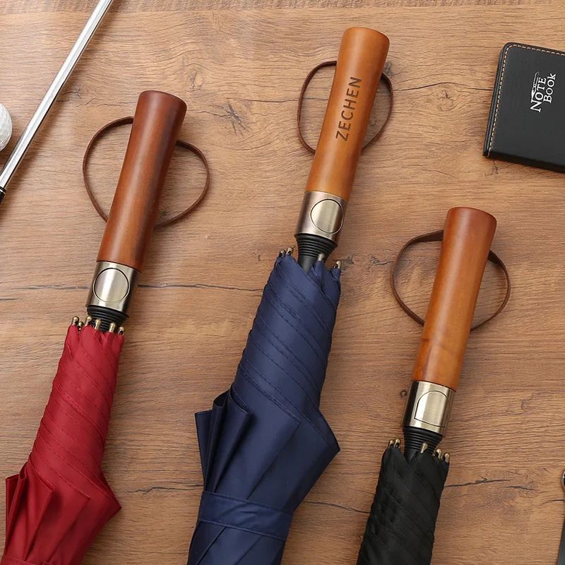 Wooden-Handle Letter-Engraved Men’s Business Long-Handle Semi-Automatic Golf Umbrella British Retro Wind-Resistant Gift