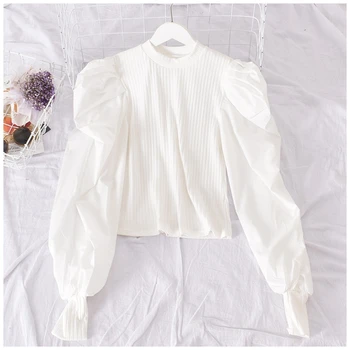 2020 long sleeve ruffle white shirts for women cotton blouses White Ruffle Chiffon Blouse