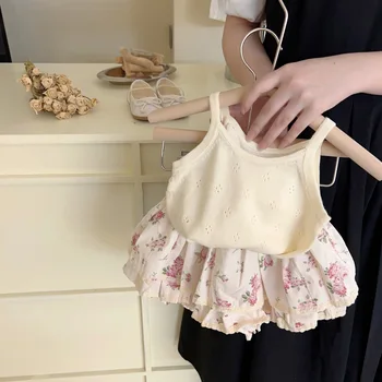 Summer Girl's Suit Hollowed Knitted Suspender Vest + Flower Shorts Two Pcs Suit