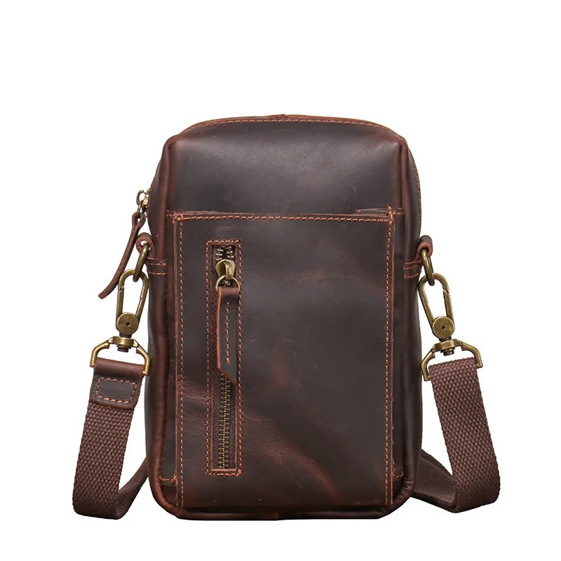 Men's cowhide one shoulder bag crazy horse skin female crossbody bag multi-function mobile phone bag