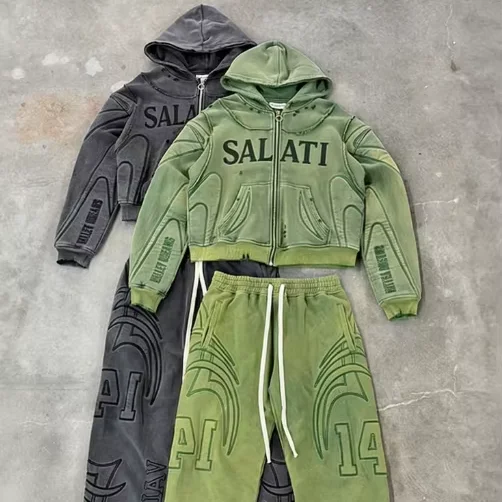 Salati Custom Sun Faded Embossing Manufacturers Acid Wash Vintage Zipper Cropped Tracksuit Hoodies Sweatpants and Hoodie Set