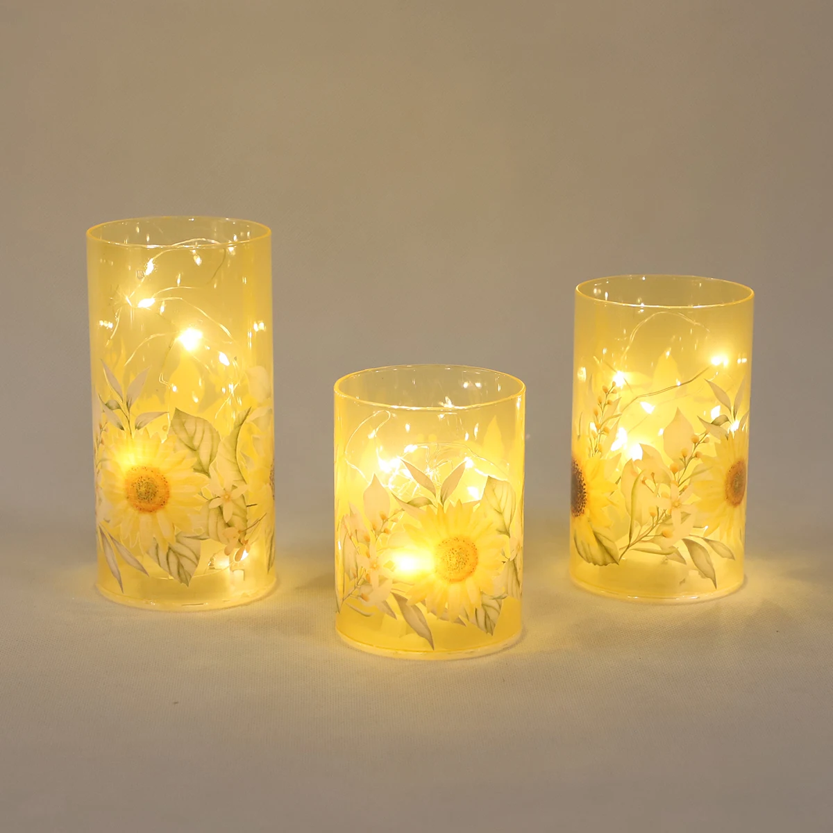 Best Selling 2023 Led Light Colorful Sunflower Pattern   Decal pasted Cylinder Battery Operated  Glass Candle Jars