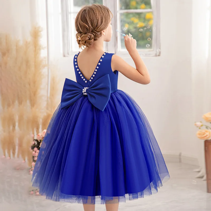 Meiqiai Europe and America Little Girl Flower Dress Pearls V-shape Backless  Fluffy Bottom Floral Boutique Frock