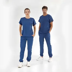 Customized Logo Unisex Woven Waterproof Spandex Comfortable Stretchy Nurse Scrubs Suit Tops Medical Hospital Uniforms