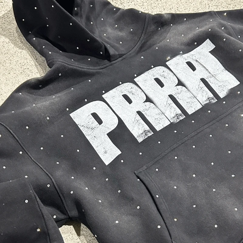 Custom Rhinestone No Strings Screen Print Logo French Terry Oversized Heavy Cotton Acid Washed Men Hoodies Vintage Sweatsuits