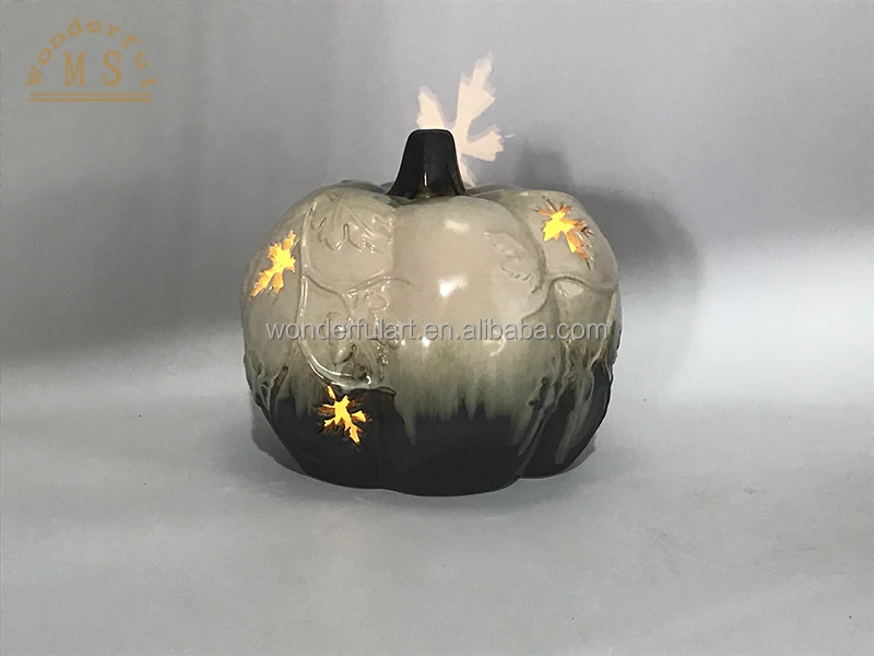 Ceramic black pumpkin ornament with led light porcelain statue for festival gift