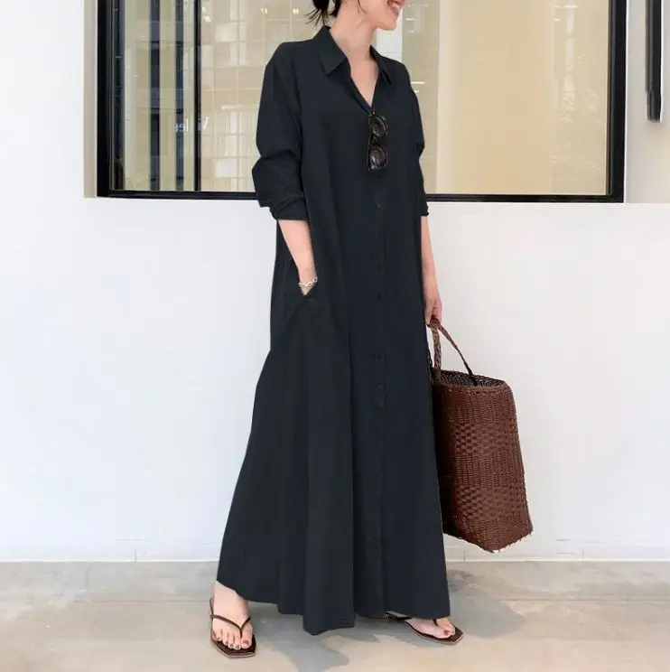 2022 New Style for Women Spring Autumn Shirt Dress Pure Color Long Sleeve Pocket Button Muslim Simple Loose Casual Long Dress