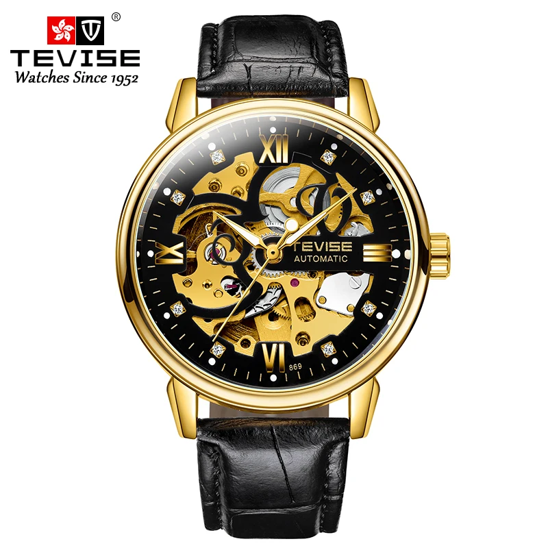 TEVISE T869 2019 Fashion Automatic Men's Watch Luxury Gold Leather