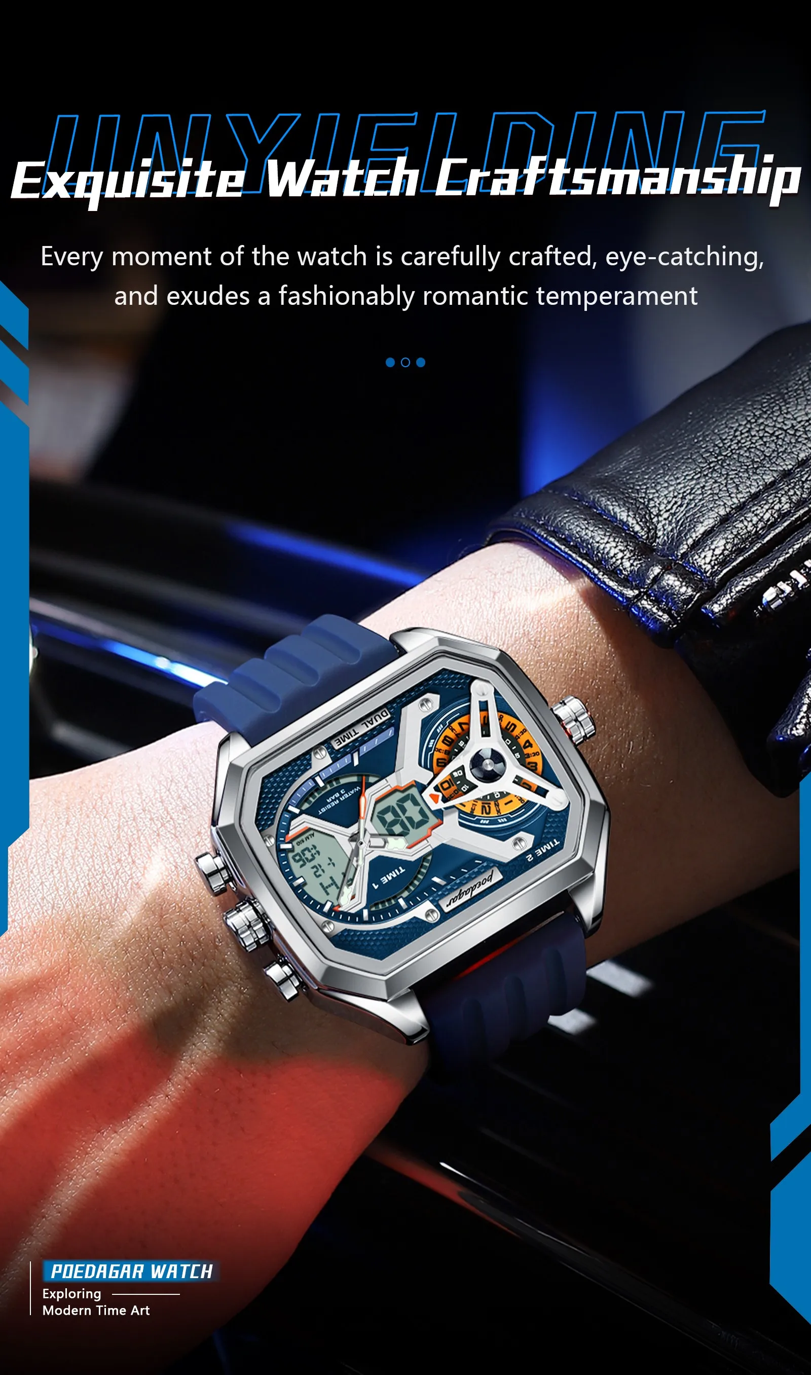 POEDAGAR E106发光时尚商务石英品牌双显示数字防水运动硅胶表带男士手表