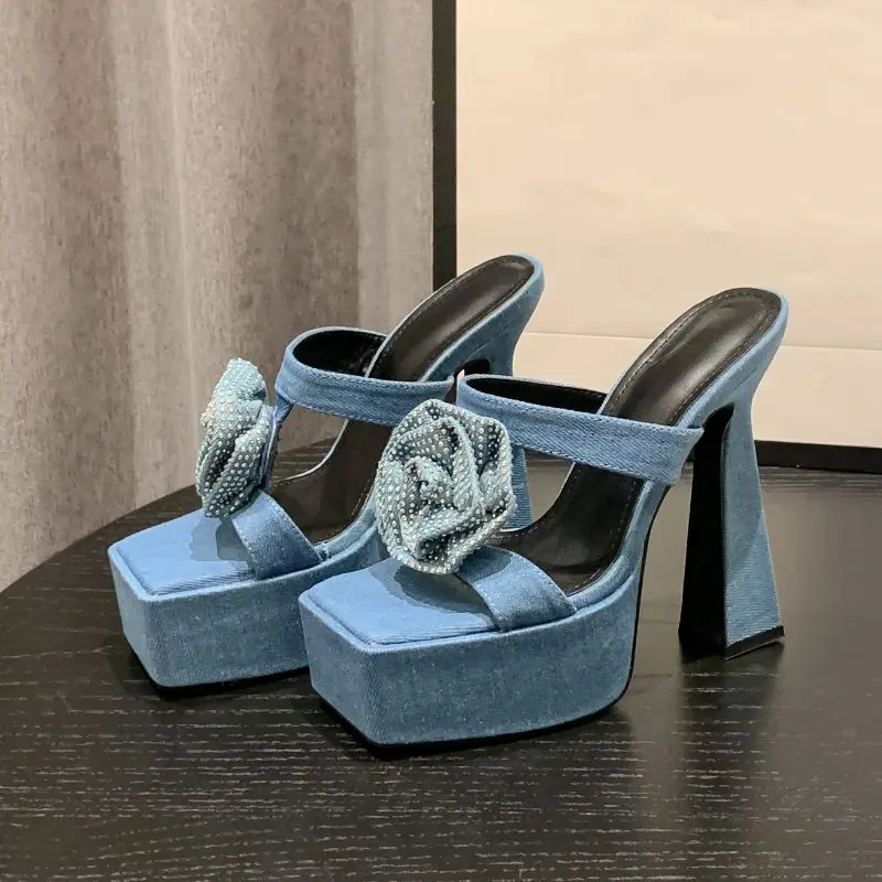 Jeans And Platform Heels Denim Rose Flower High Platform Heels