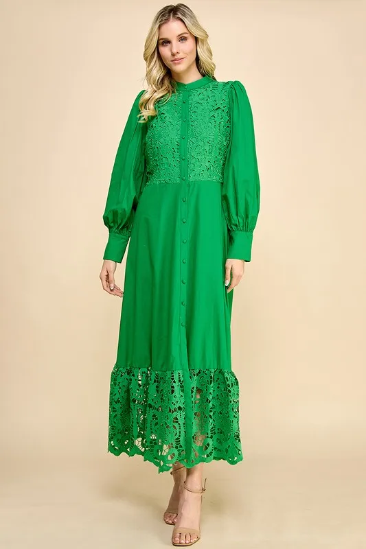 Elegant Ladies Casual Crocheted Long Dress With Lace Sweet Style And Button Decoration Washable Woven Fabric - Image 3