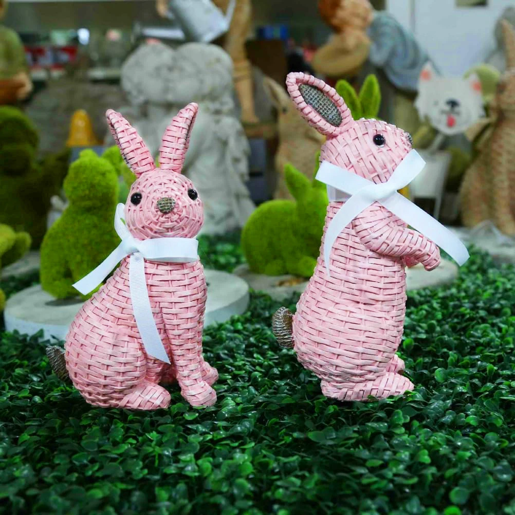 2024 New Easter Resin Rattan Wicker Bunnies Statue Rabbit Ornaments