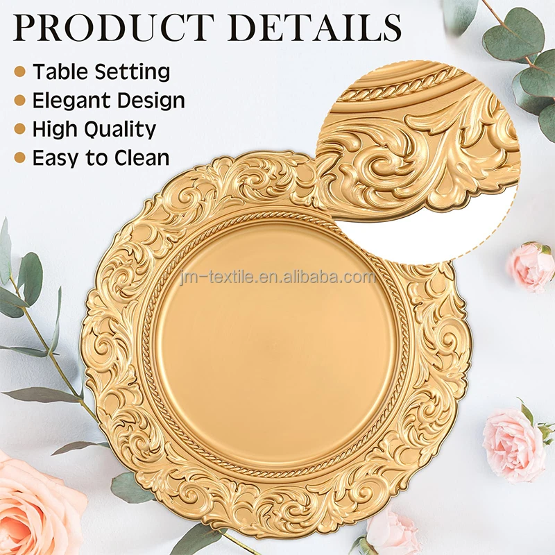 13 Inch Gold Embossed Plastic Charger Plates Round Acrylic Dinner Plate