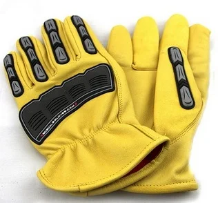 TPR Keystone Thumb Arc Impact Protection Cut Resistant Water Proof Yellow Grain Cowhide Leather Driver Gloves