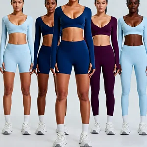 Sexy V Neck Long Sleeve Yoga Set Women Butt Lifting Peach Shaping Workout Wear Tummy Control Premium Fitness 2 Piece